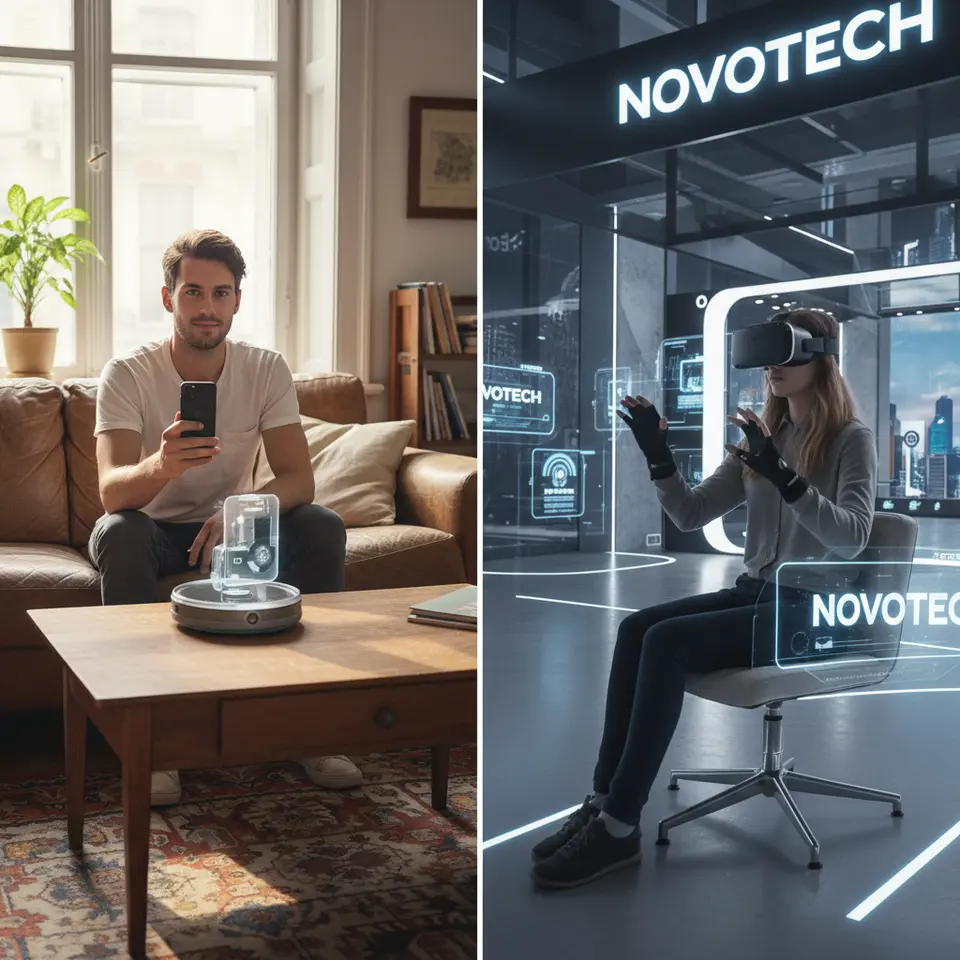Split-screen comparison of Augmented Reality vs. Virtual Reality: on the left, a user holding a smartphone sees a 3D product model overlaid onto their real living room; on the right, a user wearing a VR headset is immersed in a fully branded virtual showroom with 360° interactive elements.
