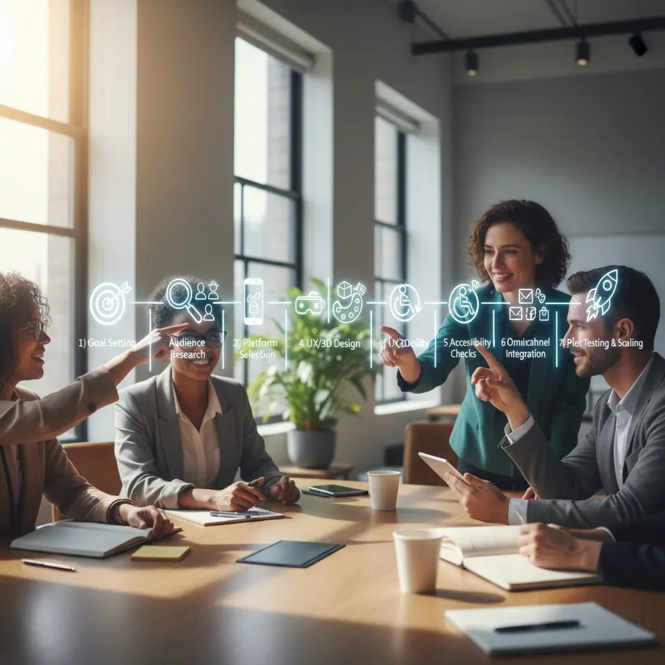 Split-screen comparison of Augmented Reality vs. Virtual Reality: on the left, a user holding a smartphone sees a 3D product model overlaid onto their real living room; on the right, a user wearing a VR headset is immersed in a fully branded virtual showroom with 360° interactive elements.