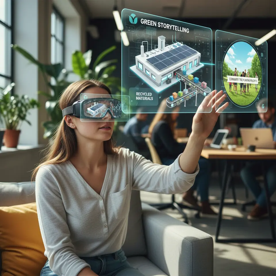 Immersive Green Storytelling: a user wearing AR glasses exploring a 360° interactive scene that reveals a brand’s eco journey—virtual factory powered by solar panels, recycled-materials conveyor, and community tree-planting projects rendered in vivid detail