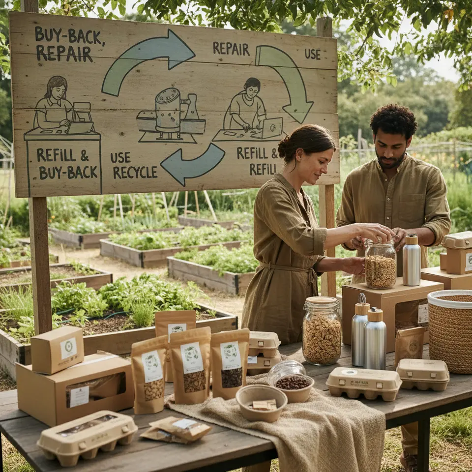 Sustainable Packaging & Circular Campaigns: biodegradable and compostable product containers displayed in a natural setting, alongside refill stations and looping arrows illustrating buy-back, repair, and recycling processes in a seamless circular-economy cycle