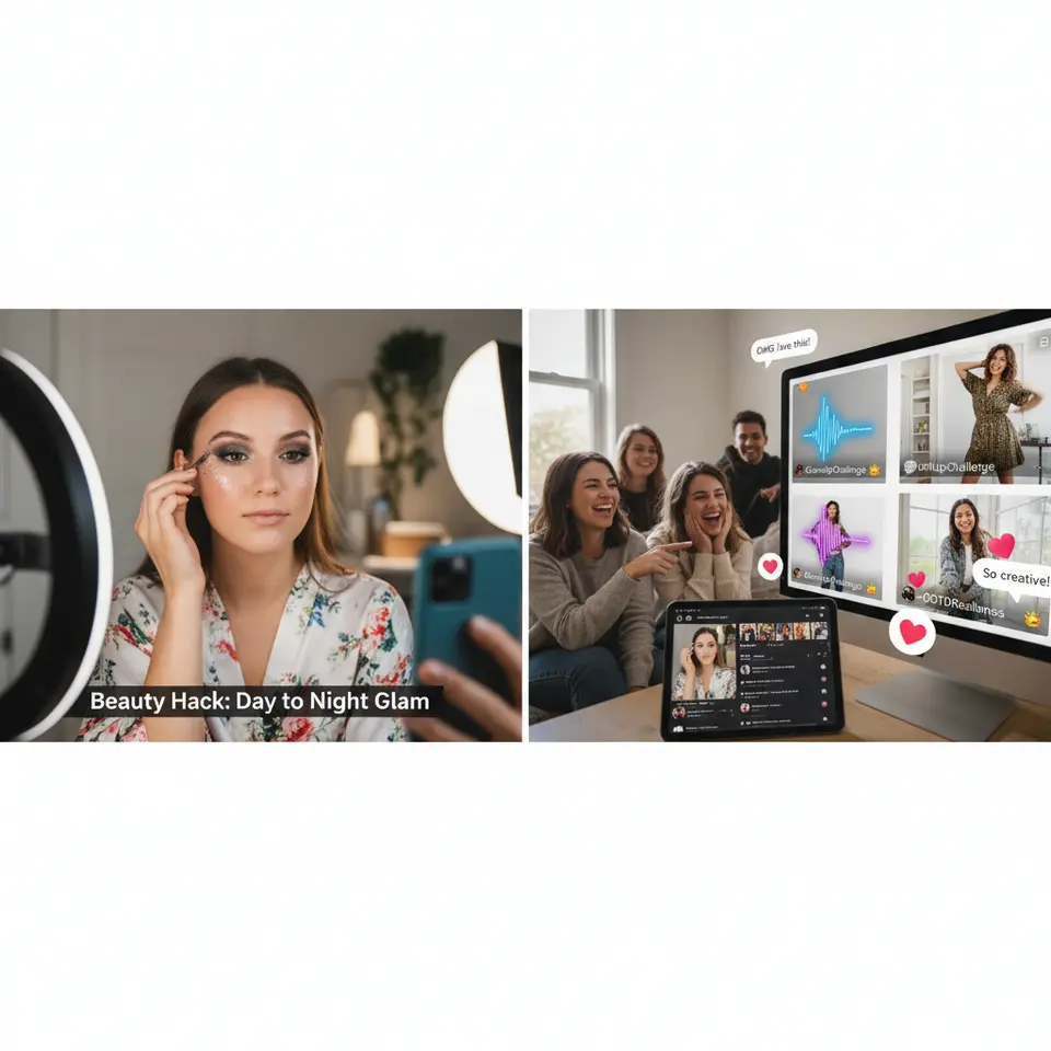 Crafting Engaging TikTok Content and Harnessing UGC – A dynamic split-screen TikTok storyboard: on the left, a 15–30 second beauty hack video transforms day makeup into night; on the right, user-generated clips with trending sound waveforms, branded hashtag overlays, floating comments and heart animations showing community engagement.
