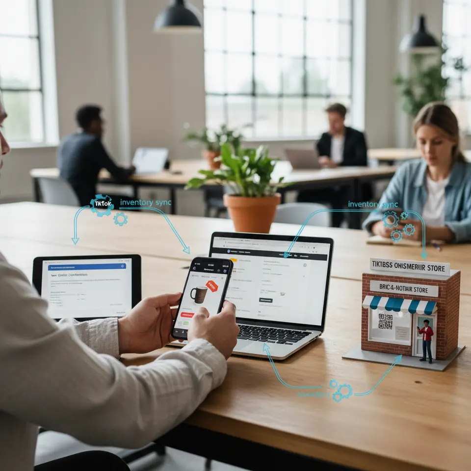 Creating Seamless Omnichannel Journeys – A connected customer journey map: a smartphone displaying a TikTok in-app shop with ‘Buy Now’ tag, an email notification preview, a website checkout page, a brick-and-mortar storefront with a customer scanning a QR code, and inventory sync icons linking every touchpoint.