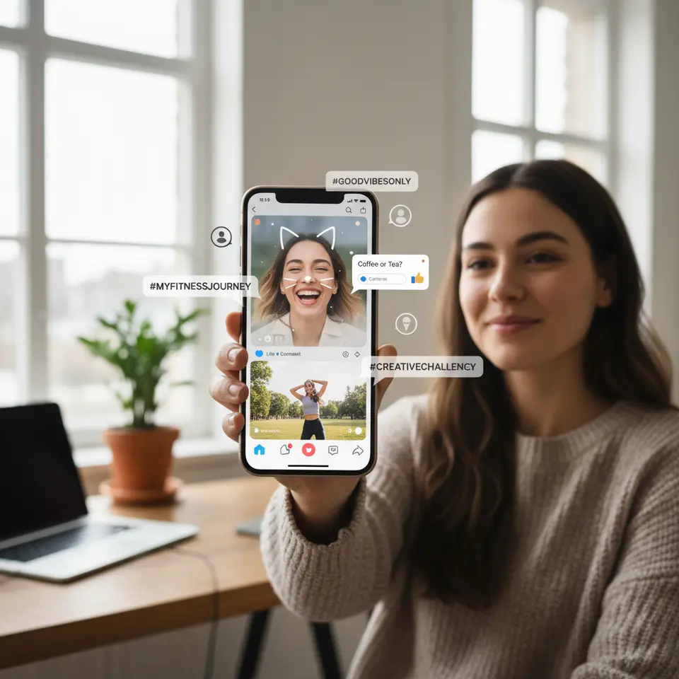 A dynamic mobile-first content storyboard showcasing engaging formats: a smartphone display with layered clips of short-form videos (TikTok, Reels), AR face-filter try-ons, interactive polls popping up, and user-generated challenge posts with branded hashtags floating around.