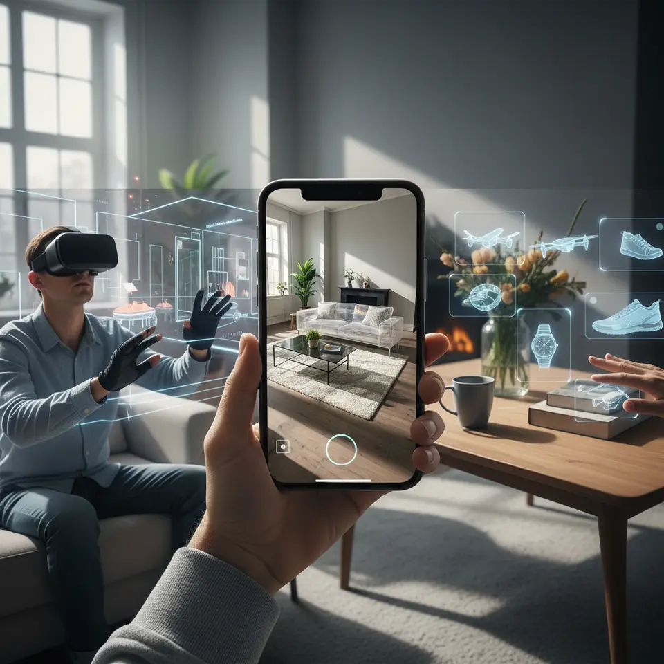Three distinct reality layers: a side-by-side scene showing (1) a user wearing a VR headset fully immersed in a 3D digital showroom, (2) a smartphone AR view overlaying digital furniture onto a real living room, and (3) a mixed-reality scenario where physical objects on a table interact with holographic product demos.