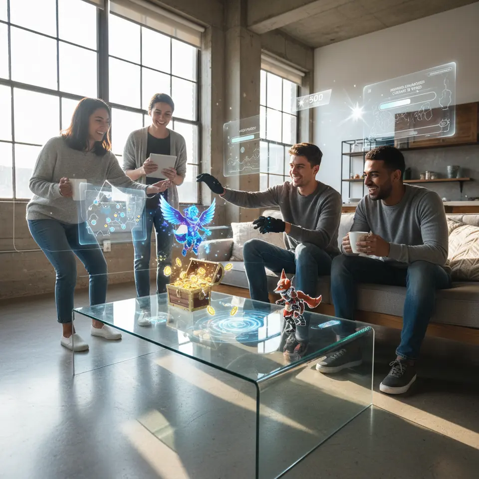 Gamified Metaverse interactions: colorful avatars in a futuristic virtual plaza engaged in a scavenger hunt, solving mini-games, collecting glowing tokens and opening digital treasure chests, with on-screen points counters and reward pop-ups.