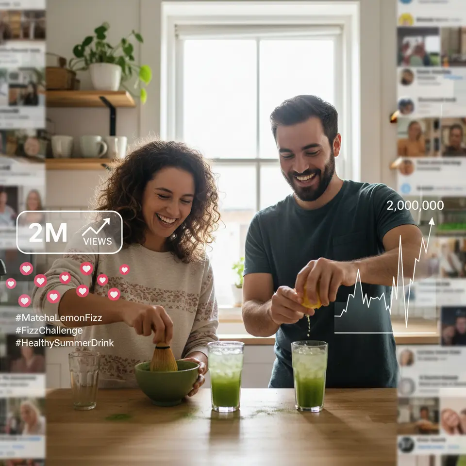 A dynamic TikTok-style visualization of the “Matcha Lemon Fizz Challenge”: nano-influencers preparing matcha lemon fizz drinks, overlaid with floating view-count bubbles, heart-reaction icons, trending hashtags, and a graph line indicating a 2 million view surge—all set against a playful social-media feed background.