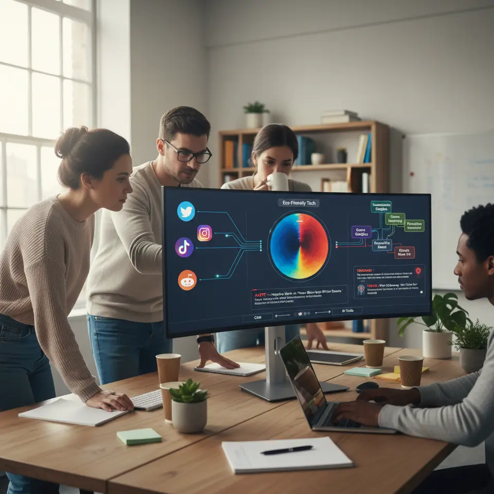 A vibrant social listening dashboard bursting with data streams: multiple social media icons (Twitter, Instagram, TikTok, Reddit) feeding into a central screen, real-time alert pop-ups, sentiment heatmaps, AI-powered topic clusters and integration arrows linking to CRM and BI tools