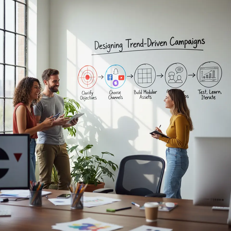Designing Trend-Driven Campaigns: A clear five-stage creative flowchart with distinct icons and arrows—1) a bullseye target for Clarify Objectives, 2) social media logos for Choose Channels, 3) a template grid for Build Modular Assets, 4) two people collaborating for Creator Partnerships, and 5) an A/B test analytics dashboard for Test, Learn, Iterate—illustrating the step-by-step process of bringing trend insights to life.