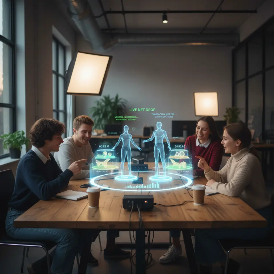Live branded NFT drop in a virtual marketplace: limited-edition tokens floating in holographic display cases, each glowing with tiered rarity colors, countdown timers ticking, and avatars minting under spotlights with on-chain analytics overlays