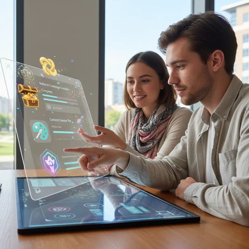 Interactive gamification dashboard with achievement badges: colorful NFT badges hovering above progress bars and quest icons, reward chests popping open, users completing referral and content-creation challenges in a sleek futuristic UI
